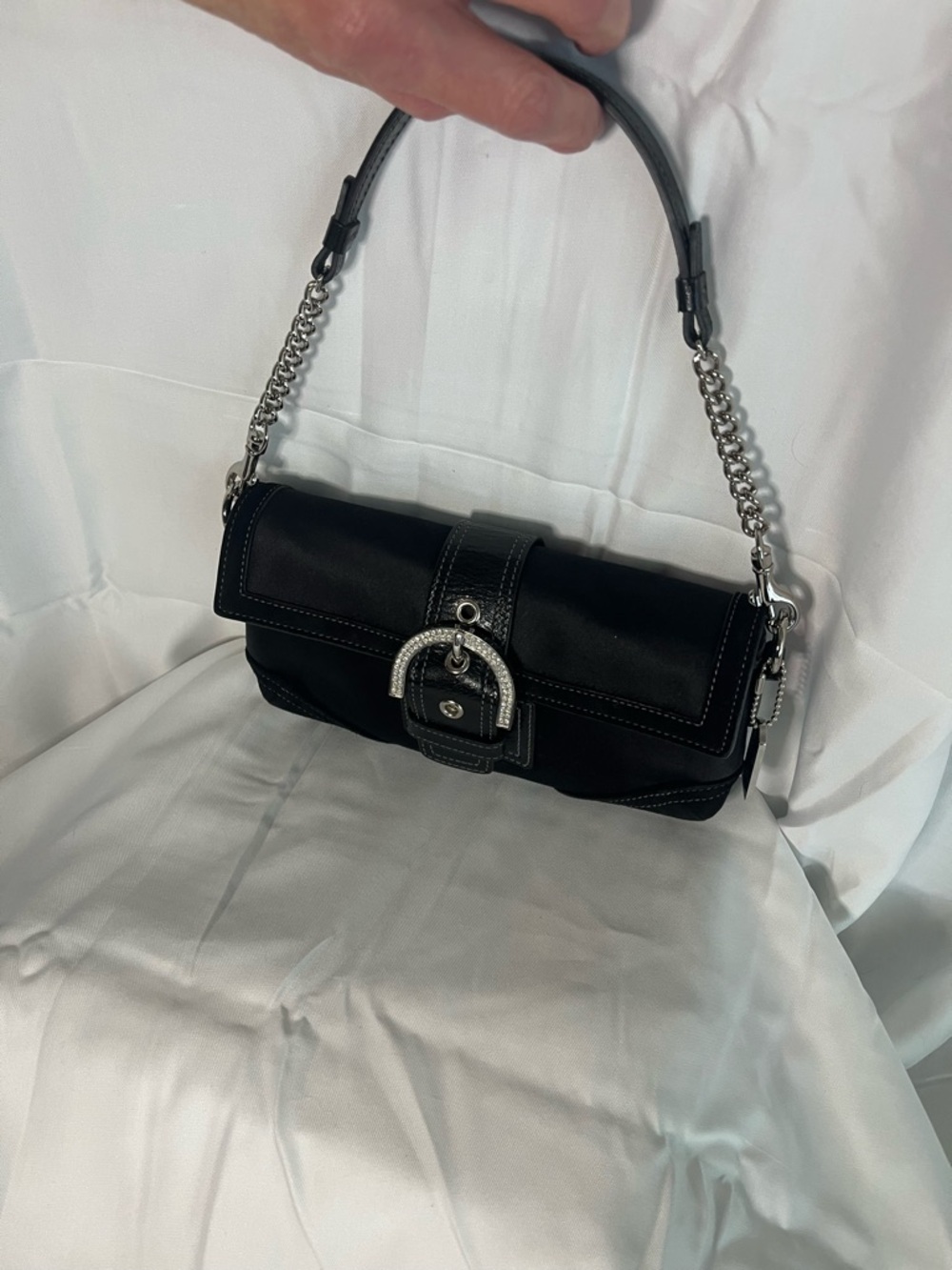 Coach Black Satin Shoulder Bag with Silver-Tone Rhinestone Buckle and Chain
